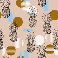 Trendy vintage Summer fresh outline pineapple Seamless  pattern with hand drawing  mix with sweet colorful stripe polka dots Vector illustration repeat
