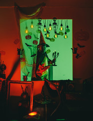 Halloween man with pumpkin in darkness. Funny wise wizard on a Halloween background. Halloween,...