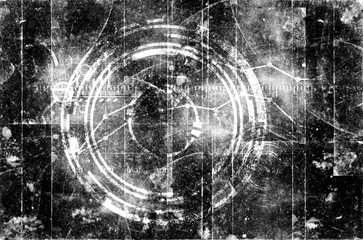 Abstract grunge futuristic cyber technology background. Sci-fi circuit design. Blueprint on old grungy surface. Futuristic technology design. Cyber punk vintage illustration