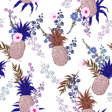 Summer seamless vector floral print pattern in trendy colorful style, exotic tropical plants and palm leaves fruit pineapple