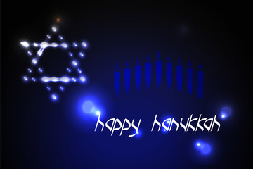 Burning Star of David on a dark magic background with nine candles - banner for Hanukkah Chanukah. Vector composition Greeting card for traditional jewish Israel holiday