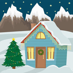 Country cottage decorated with Christmas garland. Flat vector illustration. Christmas tree. Mountain landscape. Christmas house