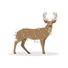 Deer in the Christmas garland. Flat vector illustration.