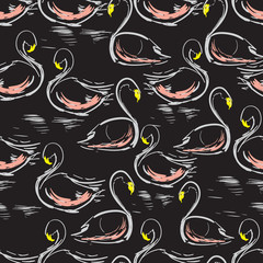Cotton fabric Beautiful hand drawing seamless pattern with swans on the lake.