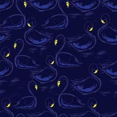 A dark Beautiful hand drawing seamless pattern with swans on the lake. Vector illustration