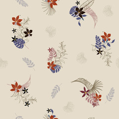 Beautiful Bright Tropical with flowers palm leaves,with outline Exotic  leaves seamless vector floral pattern