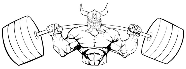 Line art illustration of strong Viking warrior doing squats with a barbell on white background.