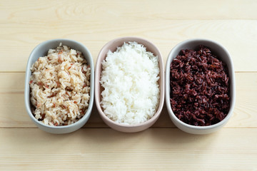 Three kinds of cooked rice in ceramic bowl