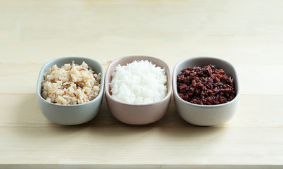Three kinds of cooked rice in ceramic bowl