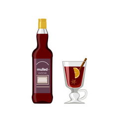 Bottle of mulled wine and glass on white background
