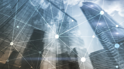 Blockchain network on blurred skyscrapers background. Financial technology and communication concept.