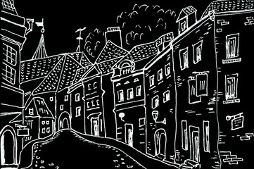 Sketch of the city quarter Liner drawing on black paper