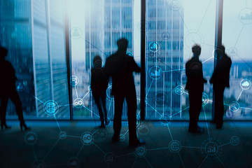 Double exposure Business organization structure on blurred background.