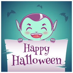 Happy Halloween poster with little kid in costume of vampire with parchment on dark blue background. Happy Halloween party.