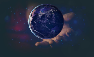 Energy and ecology concept, Human hand holding flying earth, Elements of this image furnished by NASA