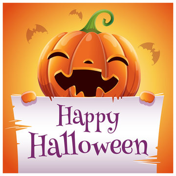 Happy Halloween poster with smiling pumpkin with parchment on orange background. Happy Halloween party.