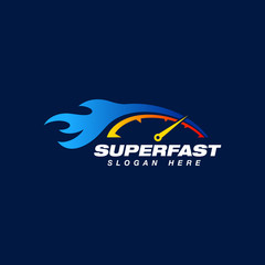 speed indicator vector logo design with flame effect. speedometer symbol design template