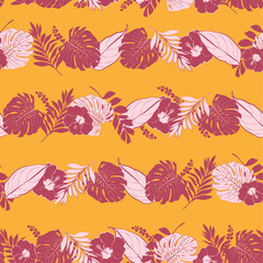 Bright Trendy Summer  tropical in horizontal stripe line with leaves outline ,leaves and hisbiscus flowesr in seamless pattern vector