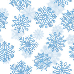 Fototapeta na wymiar Seamless pattern with blue shiny snowflakes. Christmas decoration of sequin confetti. Glitter powder sparkling background.