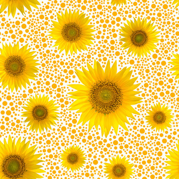 Fototapeta Seamless pattern with big bright sunflowers and dots on yellow background.