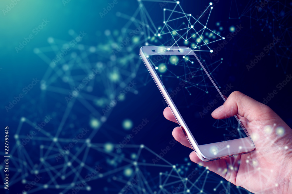 Poster hand touch smartphone for connect to global data social network with abstract wave