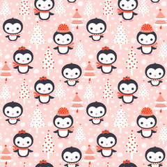 Cute winter seamless pattern with cartoon penguin characters and Christmas trees and snow on pink background for invitations, greeting cards, textile and clothing design