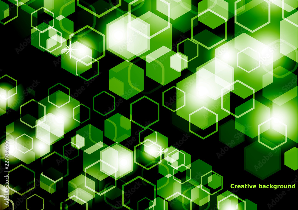 Poster bright abstract techno background with hexagons and glowing sparks.