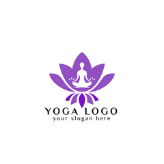 yoga logo design stock. human meditation in lotus flower vector illustration in purple color