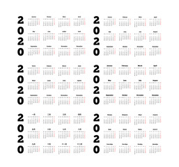 Set of 2020 year simple calendars on different languages like english, german, russian, french, spanish and chinese on white