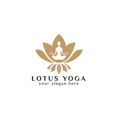 yoga logo design stock. human meditation in lotus flower vector illustration in brown color