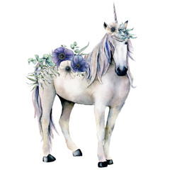 Obraz na płótnie Canvas Watercolor elegant white unicorn with anemone flowers bouquet. Hand painted magic horse, white and blue anemone isolated on white background. Fairytale character illustration for design, print.