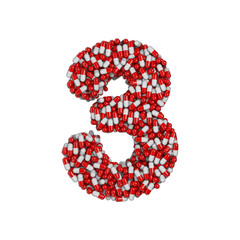 pills number 3 -  3d pharmaceutical digit - therapy, laboratory or healthcare concept