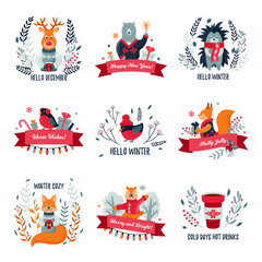 Set of Christmas / winter labels with cute forest animals. Vector illustration. Christmas design. Winter Cozy. Hello December. Cold days hot drinks. Happy New Year.