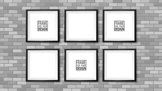 Frames on the wall. Photoframe mock up. Simple empty framings for your business design. Brick wall. Vector templates set for picture, painting, poster, lettering or photo gallery.