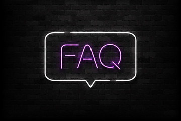 Vector realistic isolated neon sign of FAQ logo for decoration and covering on the wall background. Concept of frequently asked questions.