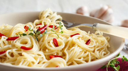 Spaghetti with garlic, olive oil and hot red pepper