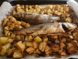Fresh fish cooked in the oven with crispy potatoes.