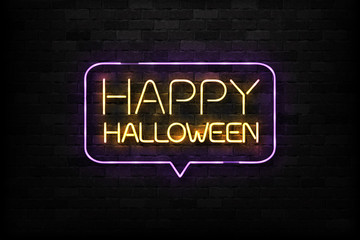 Vector realistic isolated neon sign of Happy Halloween logo for decoration and covering on the wall background.