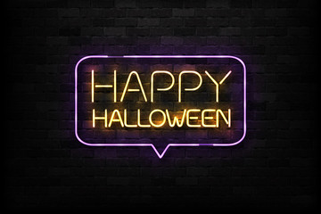 Obraz premium Vector realistic isolated neon sign of Happy Halloween logo for decoration and covering on the wall background.