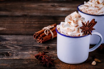 Hot chocolate drink with cinnamon and whipped cream.