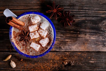 Hot cocoa drink with cinnamon and marshmallows.