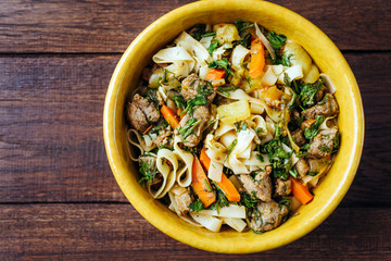 Lagman, Central Asian national dish with lamb, long noodles and vegetables
