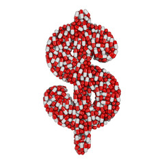 pills dollars currency sign -  3d pharmaceutical symbol - therapy, laboratory or healthcare concept