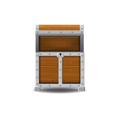 Wooden old pirate chests, open, treasures, vector, cartoon style, illustration, isolated. For games, advertising applications