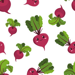 cute kawaii purple vegetable beet, beetroot with green leaves