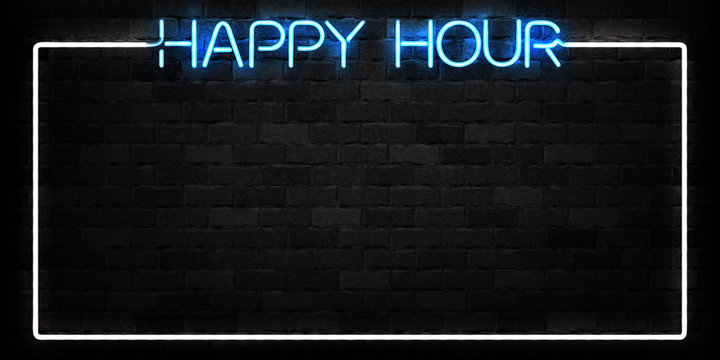 Fototapeta Vector realistic isolated neon sign of Happy Hour frame logo for decoration and covering on the wall background. Concept of night club, free drinks, bar counter and restaurant.