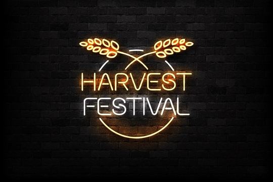 Vector realistic isolated neon sign of Harvest Festival for decoration and covering on the wall background. Concept of happy harvest season.