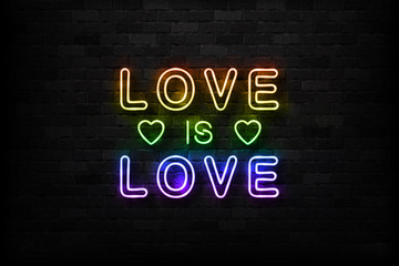 Obraz premium Vector realistic isolated neon sign of Love is Love logo for decoration and covering on the wall background. Concept of Pride.