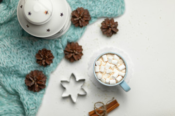 The concept of the New year and Christmas 2019. Cocoa with marshmallows. Plaid, burning candle. On a white background with snowflakes. Christmas trees, cones, cinnamon sticks. Decor. Postcard