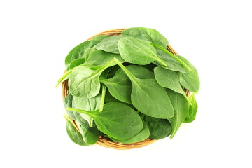 green spinach leaves isolated closeup on white background top view